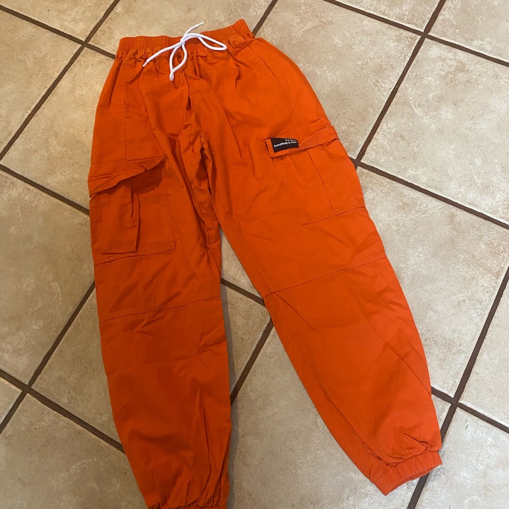 (A146) Girls Orange Cargo Pants with Drawstring By Hollister Size 12/14